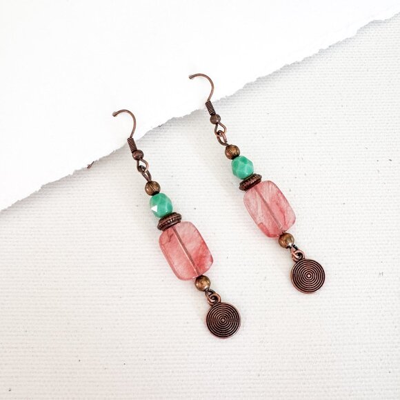 Handmade Cherry Quartz & Copper Dangle Earrings - Picture 4 of 9